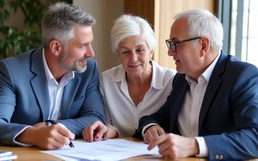A senior couple reviewing financial documents with a consultant.