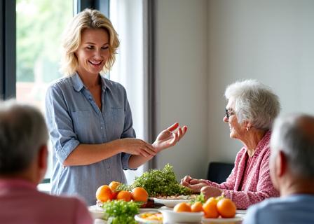 A nutritionist explaining a healthy meal plan to a group of seniors.